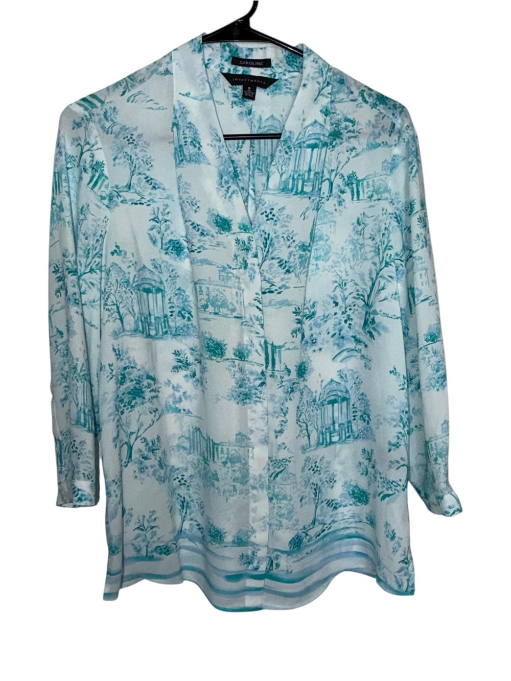 Investments Teal and White Toile Button-Up Blouse